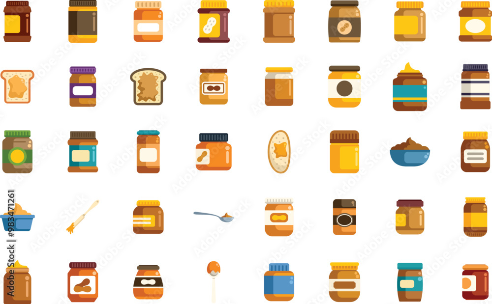 Canvas Prints Peanut butter jars, toasts and peanut butter spread on spoon icons set