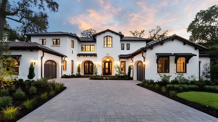 front view of beautiful white and black Spanish style home with dark brown accents, paver driveway, cinematic, Nikon D850 camera