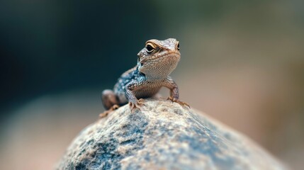 Fototapeta premium A small brown lizard sits on a rock, looking directly at the camera.