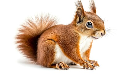 Obraz premium A cute red squirrel with a fluffy tail, sitting gracefully on a white background.