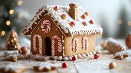 A beautifully crafted gingerbread house adorned with festive candy canes and marzipan treats.
