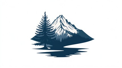 Silhouette of a mountain, pine tree and river.