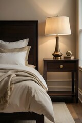 Modern bedroom, home interior design with comfortable bed and cozy carpet. Generative AI.