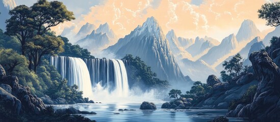 Majestic waterfalls cascading into a river surrounded by towering mountains showcasing the beauty of nature
