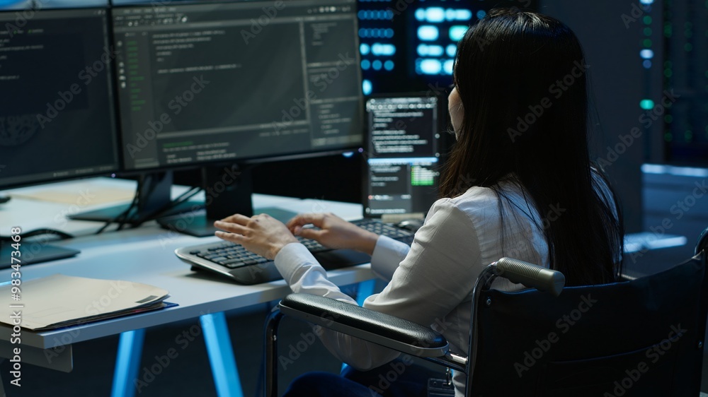 Poster person with paraplegia in inclusive server hub overseeing data center, making improvements. woman in