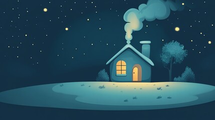Fototapeta premium Cartoon illustration of a house with a lit window and smoke coming from the chimney under a starry night sky.
