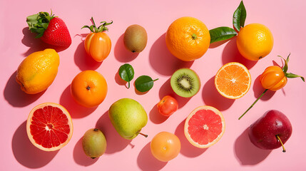 A flat lay of fresh fruits on a pink background.