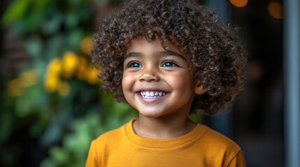A cheerful boy with curly hair smiles brightly, surrounded by colorful yellow flowers on a sunny day in a garden