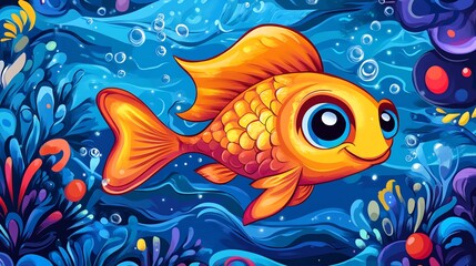 A cute goldfish with big eyes swims among colorful coral in a blue ocean.