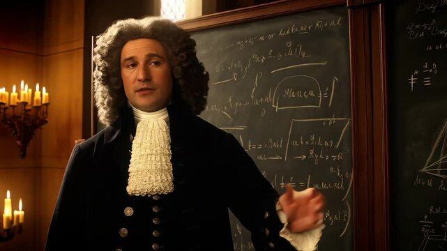 Sir Isaac Newton standing in front of a large chalkboard filled with equations, dressed in formal 17th-century attire, an aura of wisdom and genius surrounding him, his hand raised as if presenting th