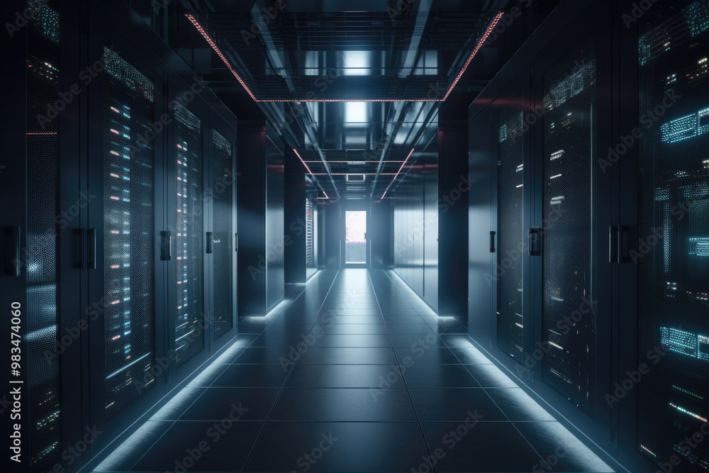 Poster a sleek, modern corridor within a data center, featuring rows of dark server racks illuminated by so