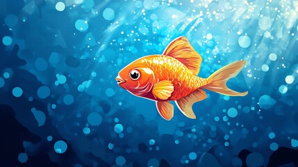 A single goldfish swims through sparkling blue water with large, bright circles.