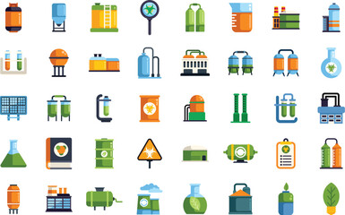 This icon set represents the biofuel production process, showcasing renewable energy sources and eco friendly technologies