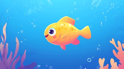 Naklejka premium Cute yellow fish cartoon illustration swimming in blue water with pink coral.