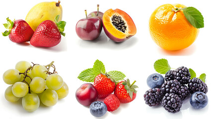 Assortment of fresh fruits and berries isolated on white background.