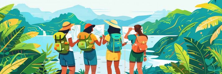 A team of adventurers stands together examining a map, captivated by the lush greenery and sparkling water under a clear sky