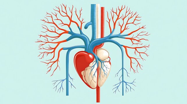 Human circulatory system, heart pumping blood through arteries and veins, flat design illustration