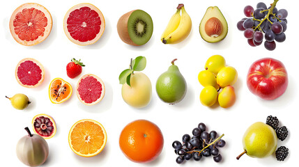 Fresh fruit on white background, including grape, kiwi, pear, avocado, orange, apple, grapefruit.