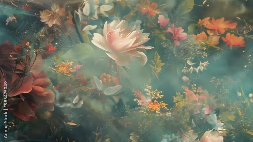Aufkleber a womans profile emerges amidst vibrant flowers and gentle smoke, creating a tranquil and ethereal a