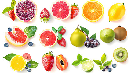 Collection of fresh fruits, isolated on white background.