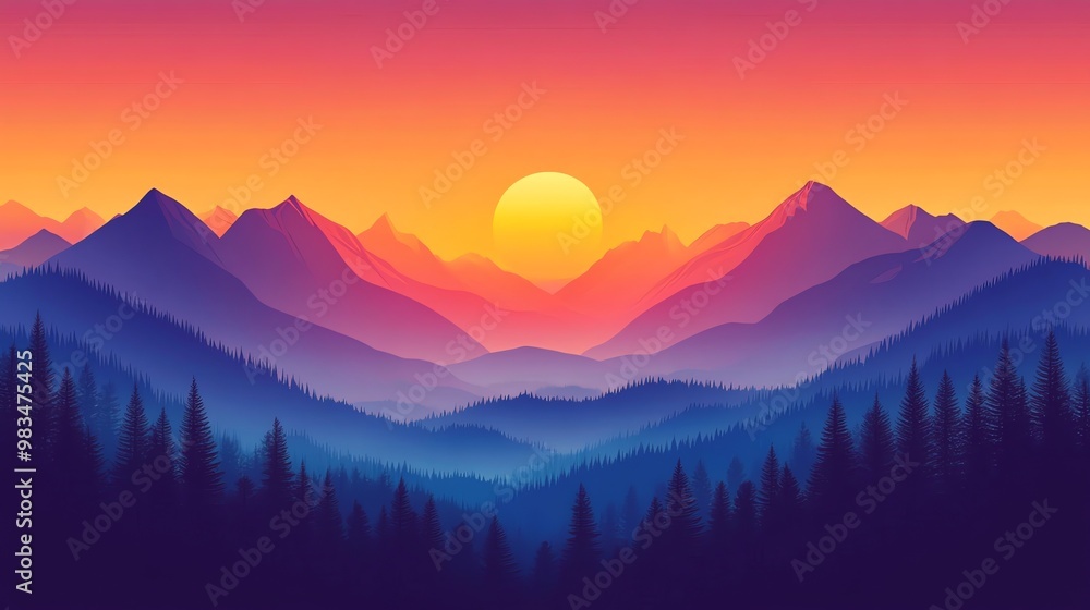 Poster sunset over a mountain range with a forest in the foreground.