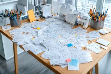 Author's desk covered with notes, sketches, and research papers, symbolizing the process of creating a complex story