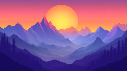 Obraz premium A stylized, digital illustration of mountain ranges with a large sun in the background.