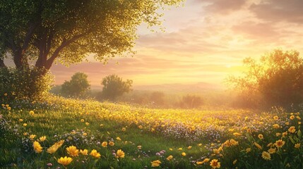 Obraz premium A vibrant meadow with a golden sunset and a lone tree