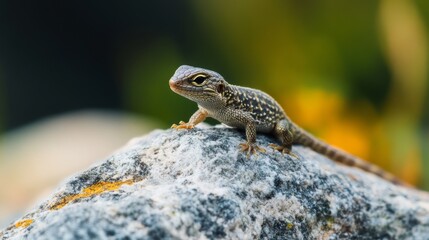 Obraz premium A small lizard perches on a rock, its yellow eyes focused on something in the distance.