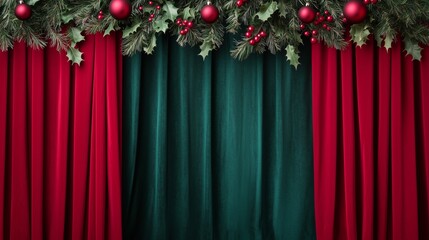 Red and Green Christmas Curtains with Garland and Ornaments
