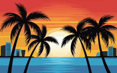 Palm Tree Silhouettes with Sunrise Vector