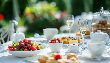 Elegant breakfast table arrangement showcasing fresh fruits and assorted pastries