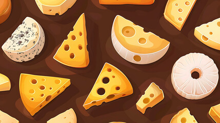 A seamless pattern of various types of cheese on a brown background.