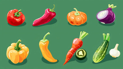 Fototapeta premium Cartoon vegetables on a green background.