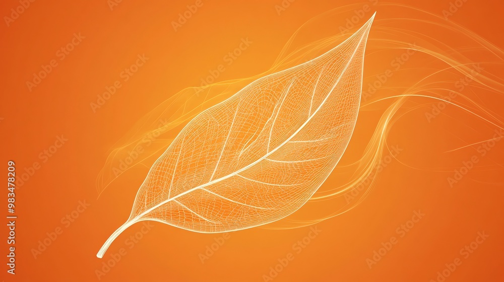 Poster a single leaf with a skeletal structure in the center of an orange background, surrounded by abstrac