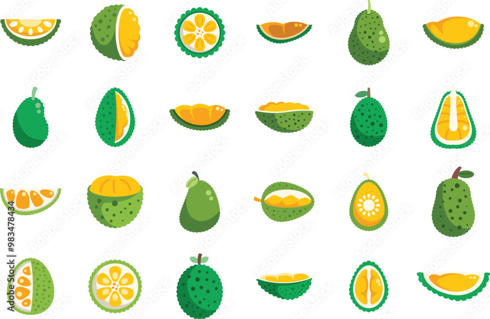 Poster set of jackfruit slices and whole fruits icons showing different shapes and cuts in flat design