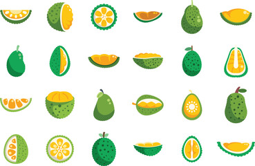 Set of jackfruit slices and whole fruits icons showing different shapes and cuts in flat design