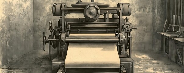 An antique engraving of an early printing press with detailed machinery, old engraving, printing press, vintage