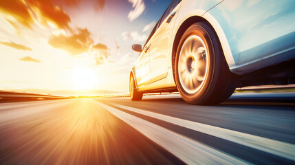 A solitary car travels an empty highway at sunset, golden light reflecting off its hood. The road stretches into the horizon, highlighting freedom and solitude.