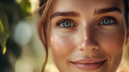 Fototapeta premium Close-up Portrait of a Woman with Blue Eyes and a Soft Smile