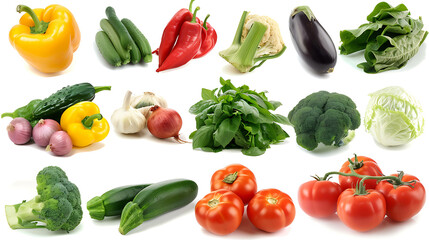A variety of fresh, organic vegetables isolated on a white background.