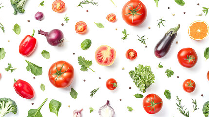 Fresh vegetables and herbs on a white background.