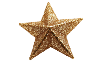 A close-up of a golden glittery star ornament, perfect for Christmas or holiday decorations. PNG die cute isolated on white background. 