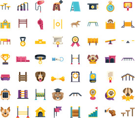 Colorful set of icons representing activities and equipment for dog training, including agility courses, obedience training, and dog care