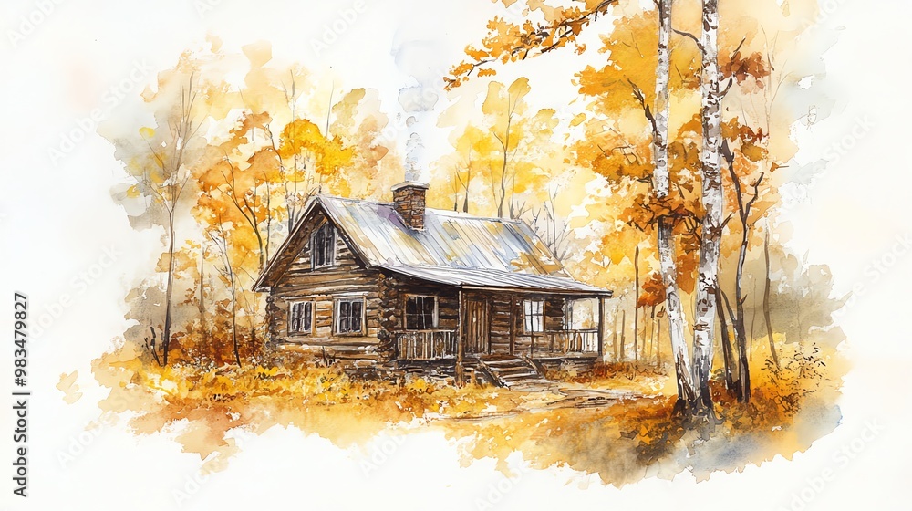 Poster a charming log cabin nestled in a forest with fall foliage, creating a serene and cozy scene.