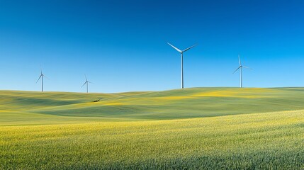 Wind turbines stand tall in a field of yellow wildflowers under a blue sky.