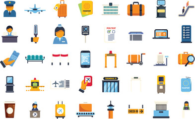 Airport icons showing passengers checking in, passing security, and boarding planes