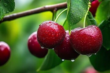 Obraz premium Red cherry on a tree branch, covered in morning dew, ready for harvest in an orchard