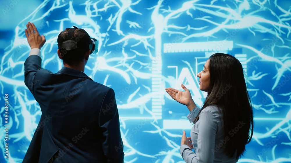 Poster engineer wearing vr headset and coworker working with artificial intelligence neural networks. colle