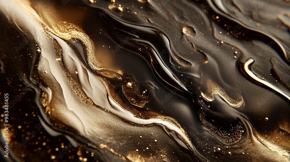 Poster abstract black and gold liquid pattern swirls in smooth, flowing lines creating a striking design pe